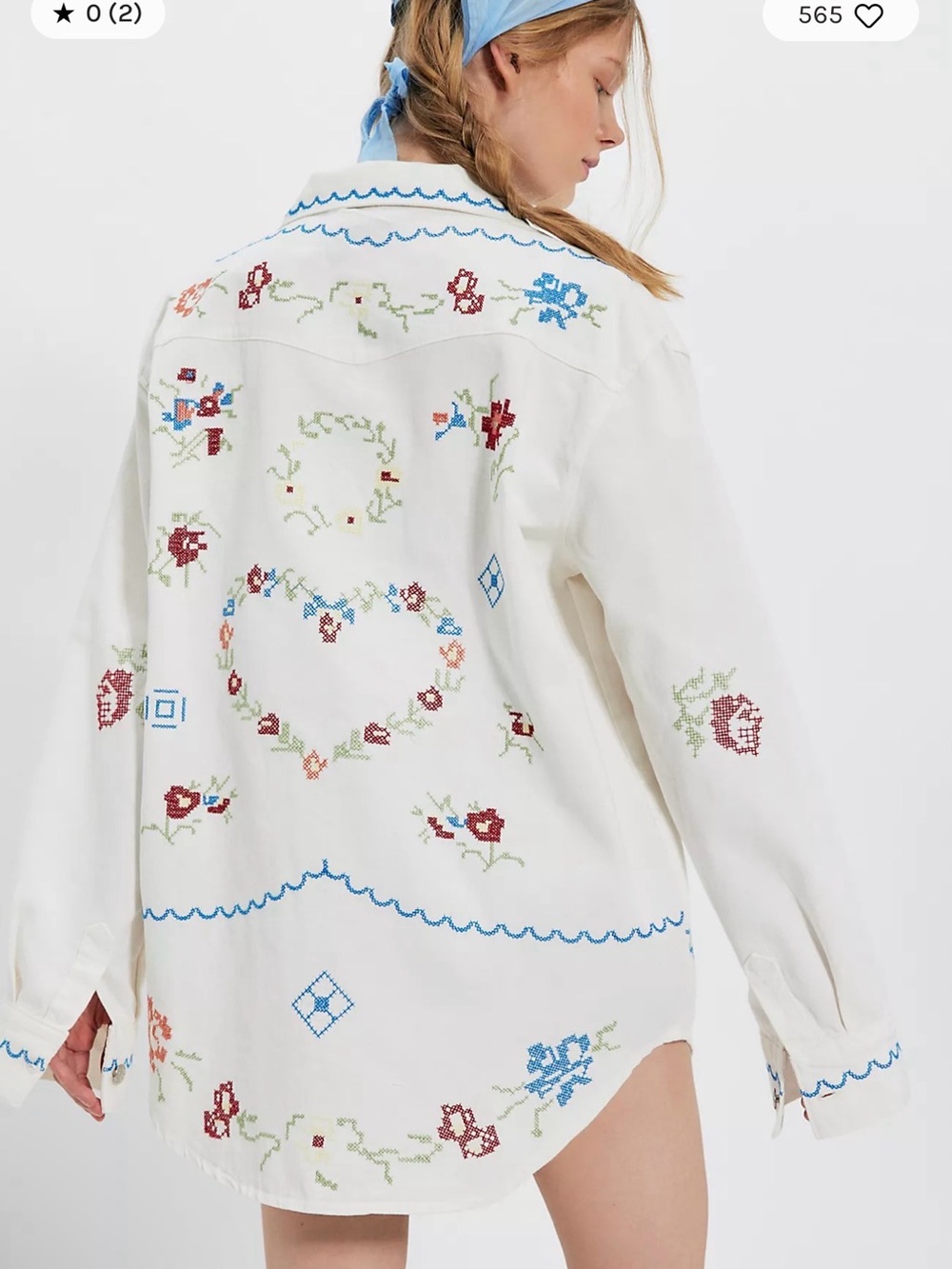 Free People White Button-Down Shirt with Multicolor Floral Embroidery